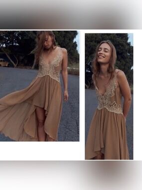 Zara taupe dress sleeveless intricate lace V-neck high-low hemline Sz L NWOT